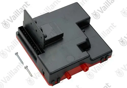 Vaillant Steuerteil in schwarzem und rotem Gehäuse mit Anschlussmöglichkeiten. Zwei Schrauben liegen bei.